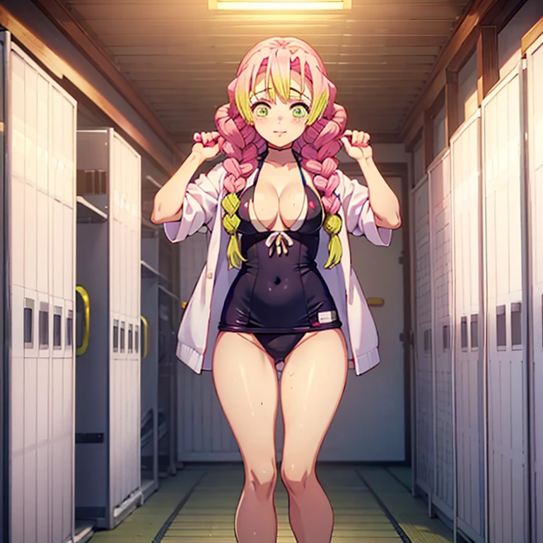 Kanroji Mitsuri is changing into her swimsuit alone in a clean, white changing room with many lockers.