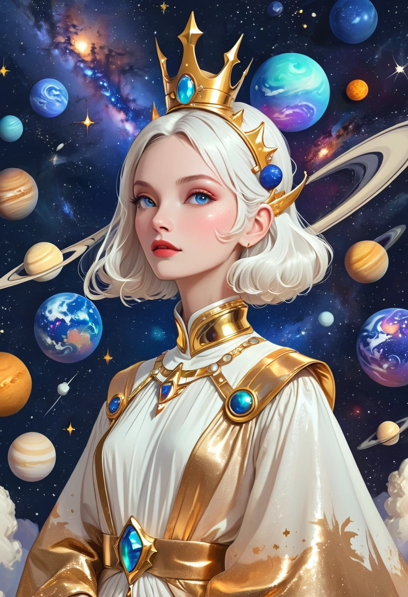Flat hand drawn illustration。Space Queen,The Milky Way,3D Surround