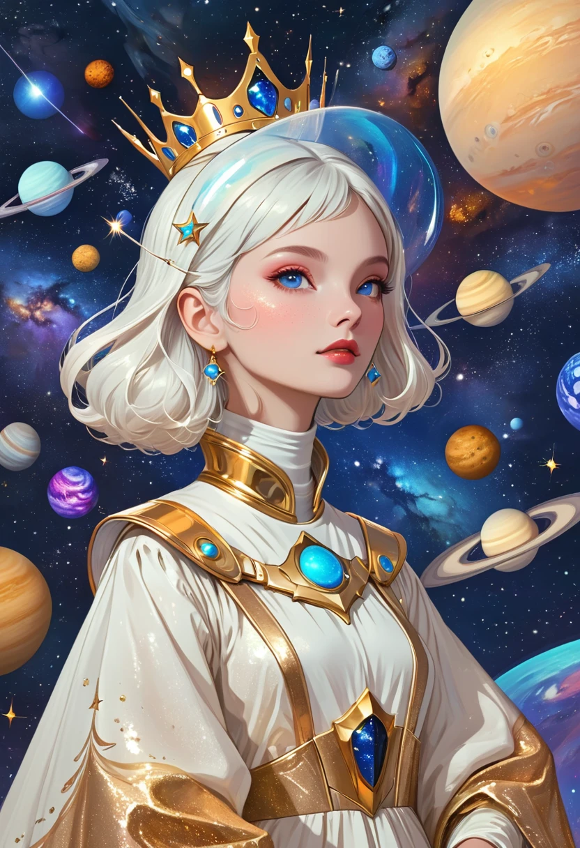 Flat hand drawn illustration。Space Queen,The Milky Way,3D Surround
