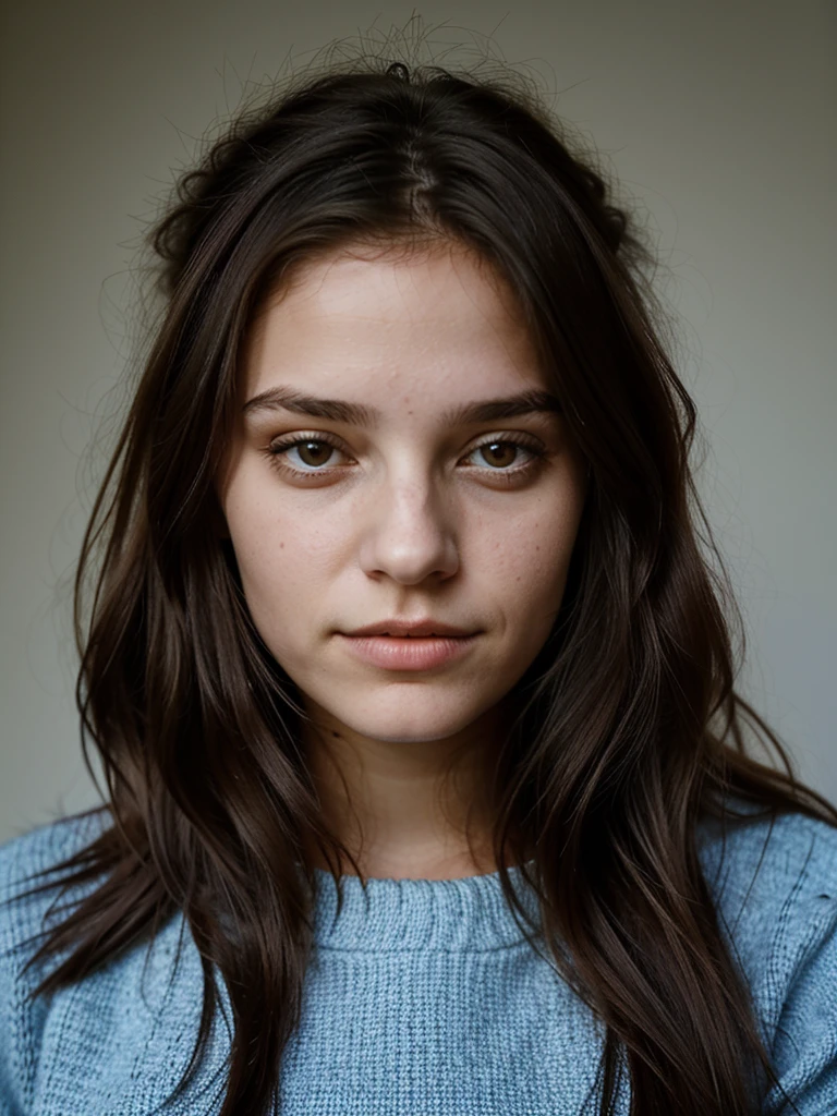 Le portrait réaliste d'une jeune fille de 21 ans. 
Elle a des long cheveux noirs.
Elle est belle et possède des lèvres pulpeuses.