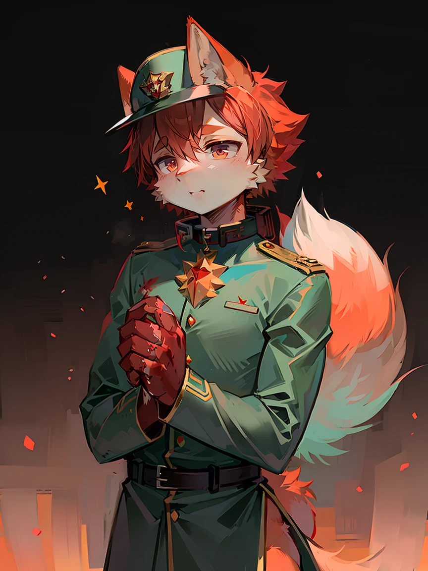 crystal, Star Fox, male, (detailed), Fluffy, Solitary, , lifelike, ((Clear structural details)), Meticulous and pragmatic, Exquisite eyes, (Reddish-orange-red pupils), ((Blood red eyes)), upscale, High Detail, Fine hairs, ((Tail in the correct position) ， ，Army artillery captain standing on the Great Wall，standard３６Officer Field（Long pointed collar），The military color is red。juvenile

