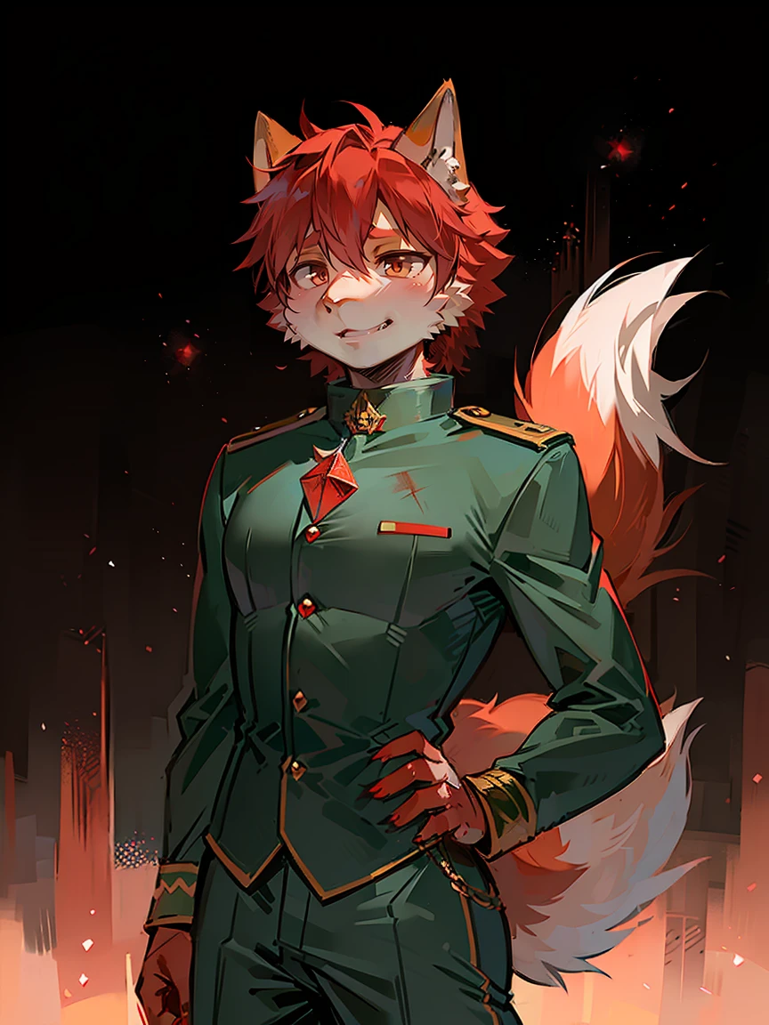 crystal, Star Fox, male, (detailed), Fluffy, Solitary, , lifelike, ((Clear structural details)), Meticulous and pragmatic, Exquisite eyes, (Reddish-orange-red pupils), ((Blood red eyes)), upscale, High Detail, Fine hairs, ((Tail in the correct position) , ,Army artillery captain standing on the Great Wall,standard36Officer Field(Long pointed collar),The military color is red。juvenile