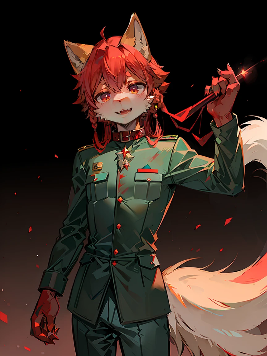 crystal, Star Fox, male, (detailed), Fluffy, Solitary, , lifelike, ((Clear structural details)), Meticulous and pragmatic, Exquisite eyes, (Reddish-orange-red pupils), ((Blood red eyes)), upscale, High Detail, Fine hairs, ((Tail in the correct position) ， ，Army artillery captain standing on the Great Wall，standard３６Officer Field（Long pointed collar），The military color is red。juvenile

