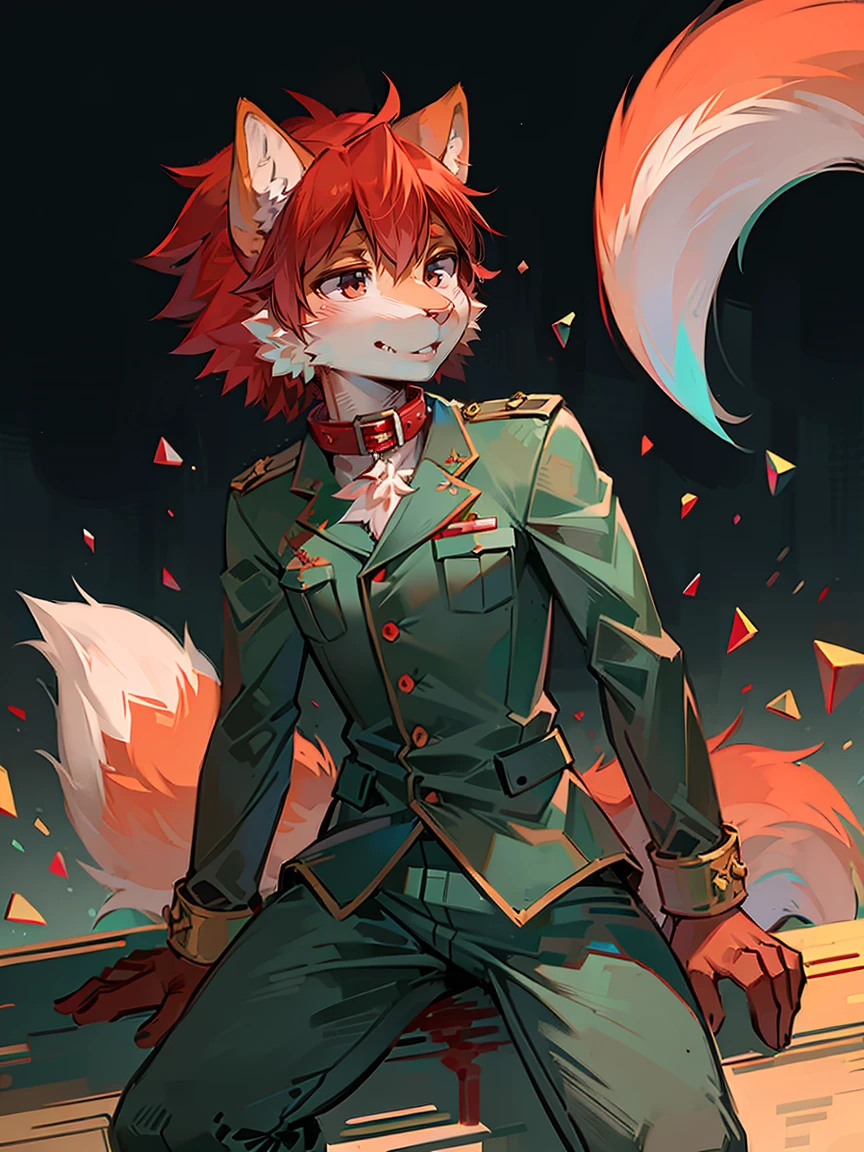 crystal, Star Fox, male, (detailed), Fluffy, Solitary, , lifelike, ((Clear structural details)), Meticulous and pragmatic, Exquisite eyes, (Reddish-orange-red pupils), ((Blood red eyes)), upscale, High Detail, Fine hairs, ((Tail in the correct position) ， ，Army artillery captain standing on the Great Wall，standard３６Officer Field（Long pointed collar），The military color is red。juvenile

