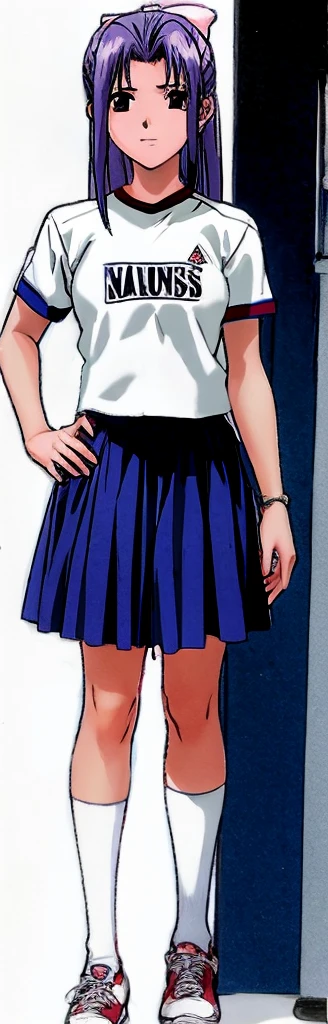 Momoko Koigakubo, a tall girl with beautiful legs, is standing with her legs spread to the sides in a white gym uniform and light navy blue bloomers that look like panties.。