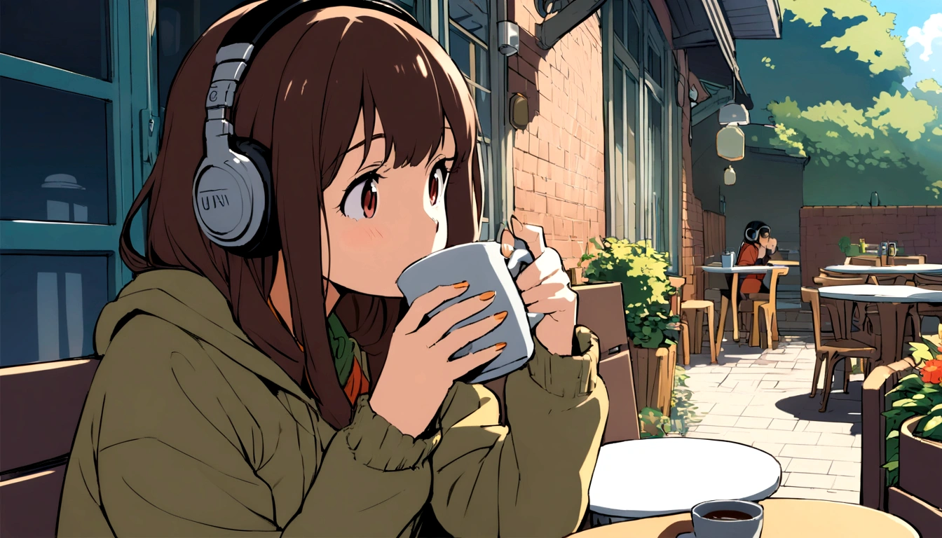 Urban cafe with terrace,wide々And in space , Woman drinking coffee , Wearing headphones , Studio Ghibli Animation , Warm sunshine , masterpiece