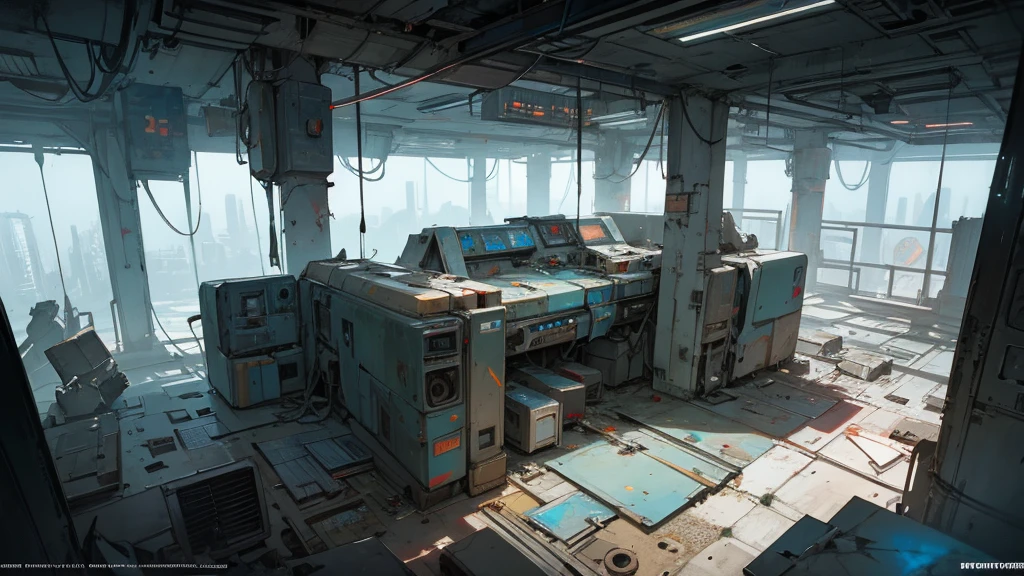interior of an abandoned futuristic cosmodrome, control panel, isometric view, high quality, 8k, cinematic lighting, detailed machinery, metallic surfaces, cracked and worn walls, dust and debris, eerie atmosphere, abandoned space station, science fiction, cyberpunk