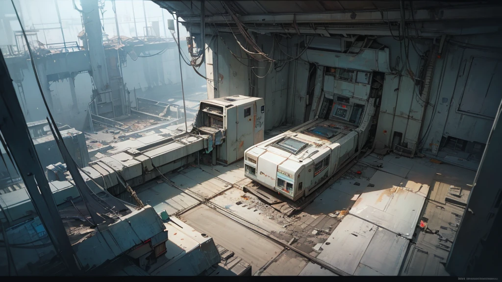 interior of an abandoned futuristic cosmodrome, control panel, isometric view, high quality, 8k, cinematic lighting, detailed machinery, metallic surfaces, cracked and worn walls, dust and debris, eerie atmosphere, abandoned space station, science fiction, cyberpunk