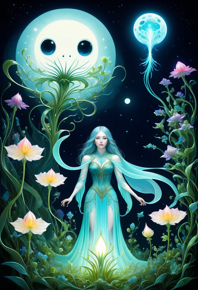 woman, long hair, sunlight, gigantic breasts, iridescent dress, glowing stars, A digital illustration, glowing lotus, defraction spikes, chromatic aberration, bloom AND (glowing, holofoil:0.6), a beautiful fantasy empress, guweiz, ruan jia and artgerm, beautiful fantasy maiden, japanese goddess, It was empty inside and she didn't even wear a bra, When she moved her body, her two fat and white breasts swayed left and right, Under the friction with her clothes, her two lotus seed-sized nipples actually stood up, making her clothes bulge out by two pointed,