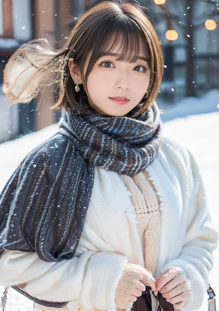 Fluffy scarf、Medium Short Hair、White breath expression、Photo from the waist up、Night city illumination shot、Cowgirl Shot、Fur coat、豪華なグレーのミンクのFur coat、Wear fine leather boots、Luxury Bags、Inner turtleneck、Silver necklace and small silver earrings Millionaire style:1.4))、Full body photo、smile、 Caustics、Highly detailed photos、Very beautiful woman 、Ample breasts、No makeup、(8K、RAW Photos、Highest quality、masterpiece:1.2)、(Realistic、Realistic)、1 Girl、((Medium Short Hair、Midwinter、Cold region Snow falling、The wind is blowing、Fluttering Hair、Blur the background、Colorful illuminations、Looking into the camera:1.4))、