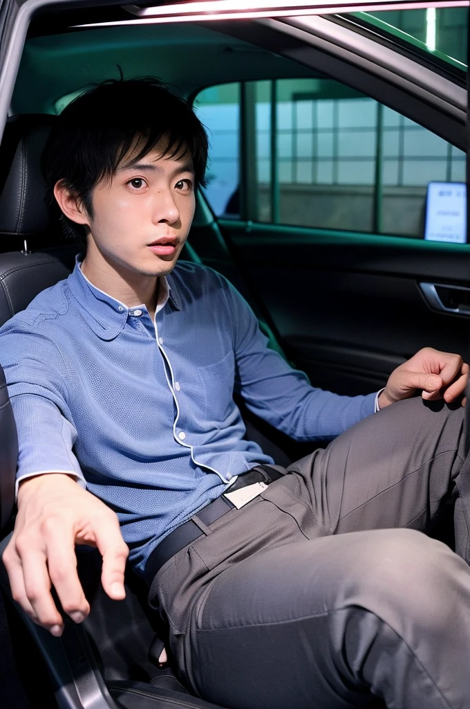 （Time is night：1.2）、（A 30-year-old Japanese male office worker：1.1）、Sitting alone in the back seat of a car、Has a surprised look on his face
