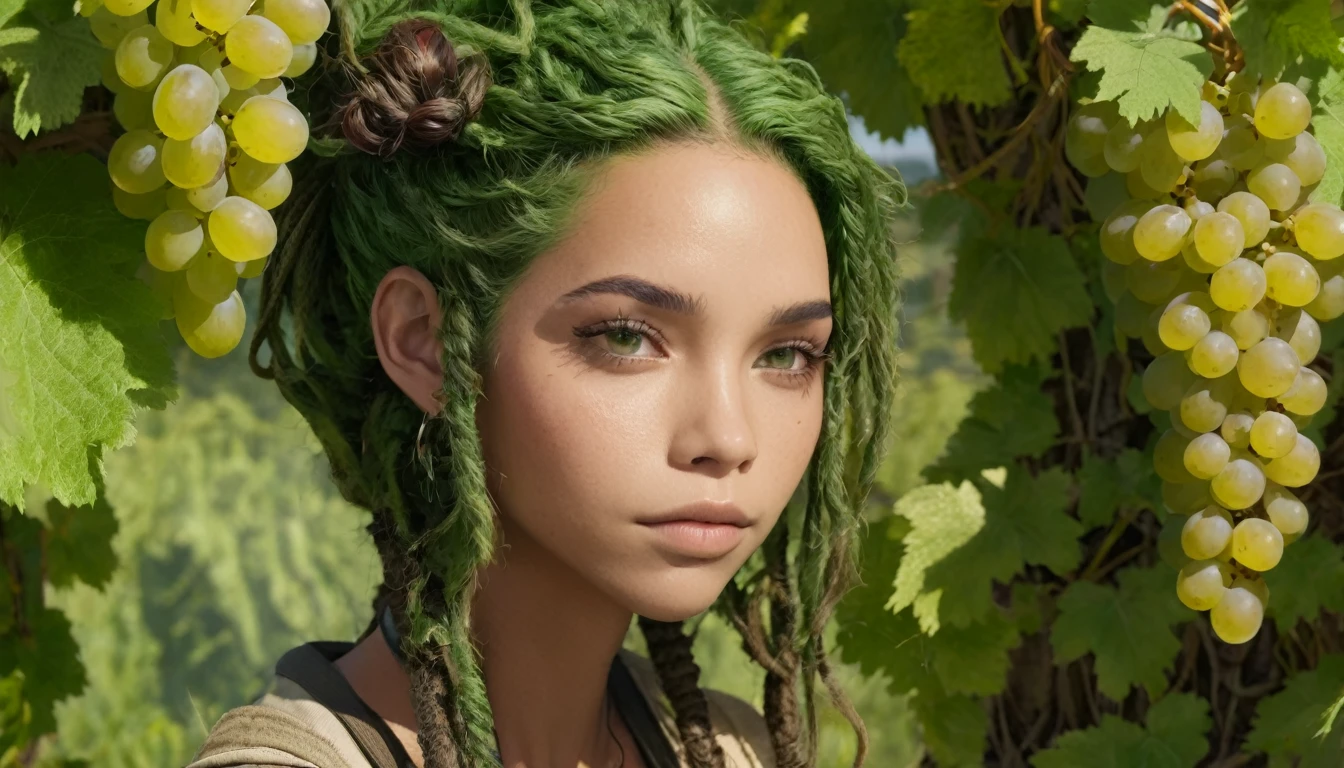 Clairethil's skin is dark brown and her monolid eyes are hazel. She has moss green hair and wears dreadlocks. She has high cheekbones and her ears are big. The background and surroundings of vines and grapes