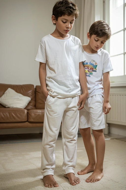 an angel a boy of 12 years old in white trousers and a barefoot T-shirt stands behind another boy of 8 years old dressed in pyjamas without shoes and without socks who is playing with a toy car
