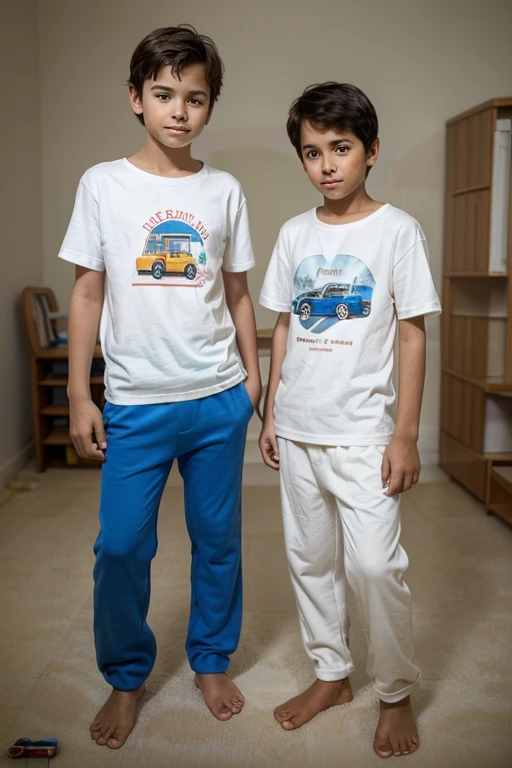 an angel a boy of 12 years old in white trousers and a barefoot T-shirt stands behind another boy of 8 years old dressed in pyjamas without shoes and without socks who is playing with a toy car