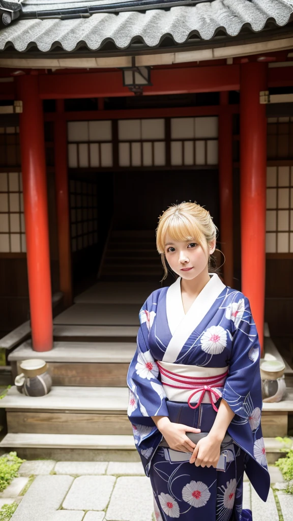 ((Highest quality)), ((masterpiece)), (detailed), One girl, sexly、Busty Japanese woman、Beauty、Embarrassed expression、whole body、Angle from below、Blonde、yukata、Kyoto