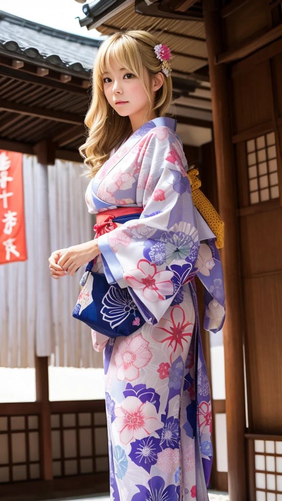 ((Highest quality)), ((masterpiece)), (detailed), One girl, sexly、Busty Japanese woman、Beauty、Embarrassed expression、whole body、Angle from below、Blonde、yukata、Kyoto