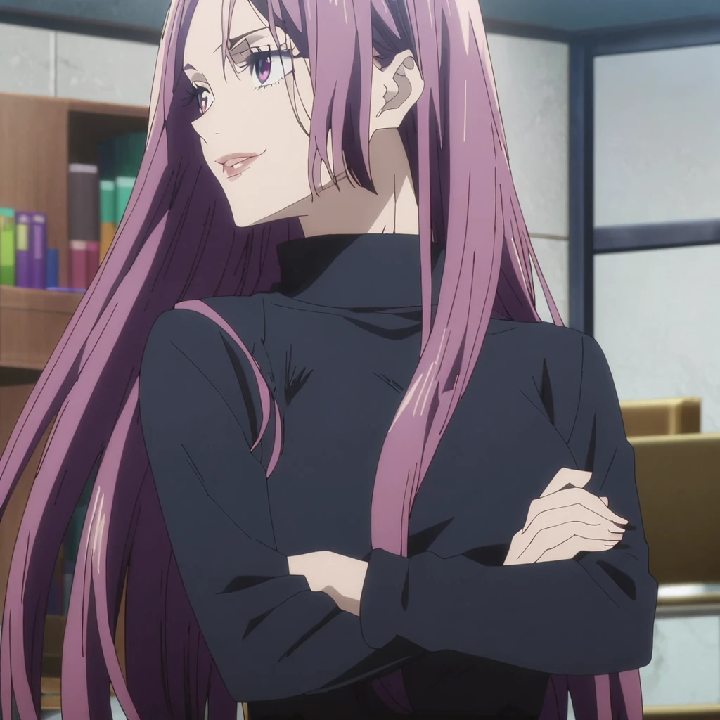 1girl, anime screencap from jujutsu kaisen, solo, very long_hair, ((smooth texture hair)) purple eyes, ((length_hair, purple_hair, very_length_hair, purple_eye)), breasts, upper_body, smile, indoors, book, red_eyes, lips, (( length_hair, purple_hair, very_length_hair, purple_eye)) wearing black color sweater, breast, "very detailed and high resolution" (purple eyes) ((cross arms)) ((smooth texture hair)) ((solo)) ((high resolution)) (Good quality)