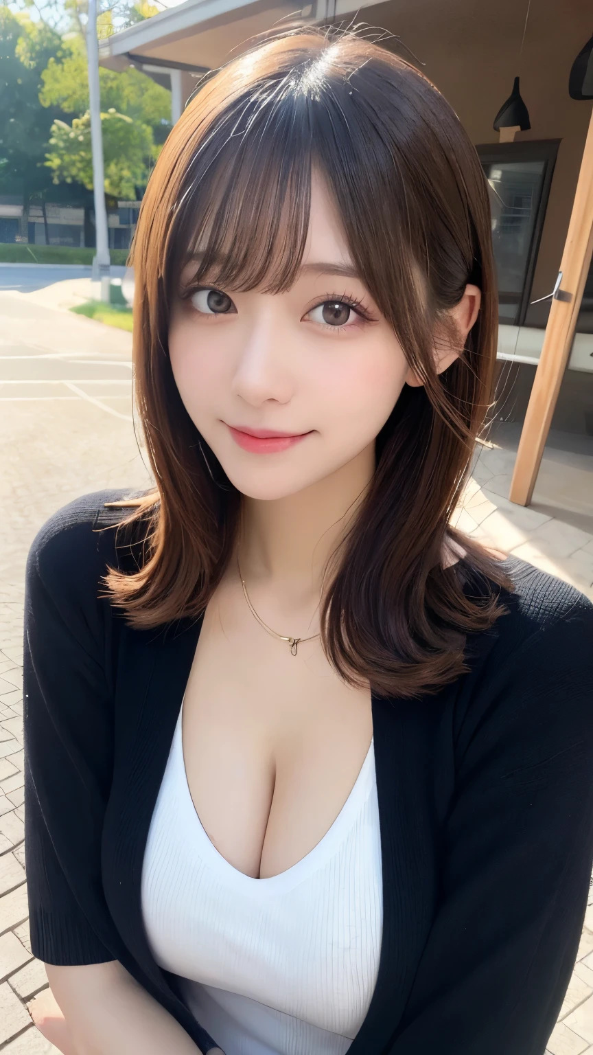 masutepiece, Best Quality, Illustration, Ultra-detailed, finely detail, hight resolution, 8K Wallpaper, Perfect dynamic composition, Beautiful detailed eyes, Natural Lip, Big breasts, Random sexy poses,Raw photo,kawaii,ssmile、Tight knit dress that makes your chest look beautiful - chest coordination