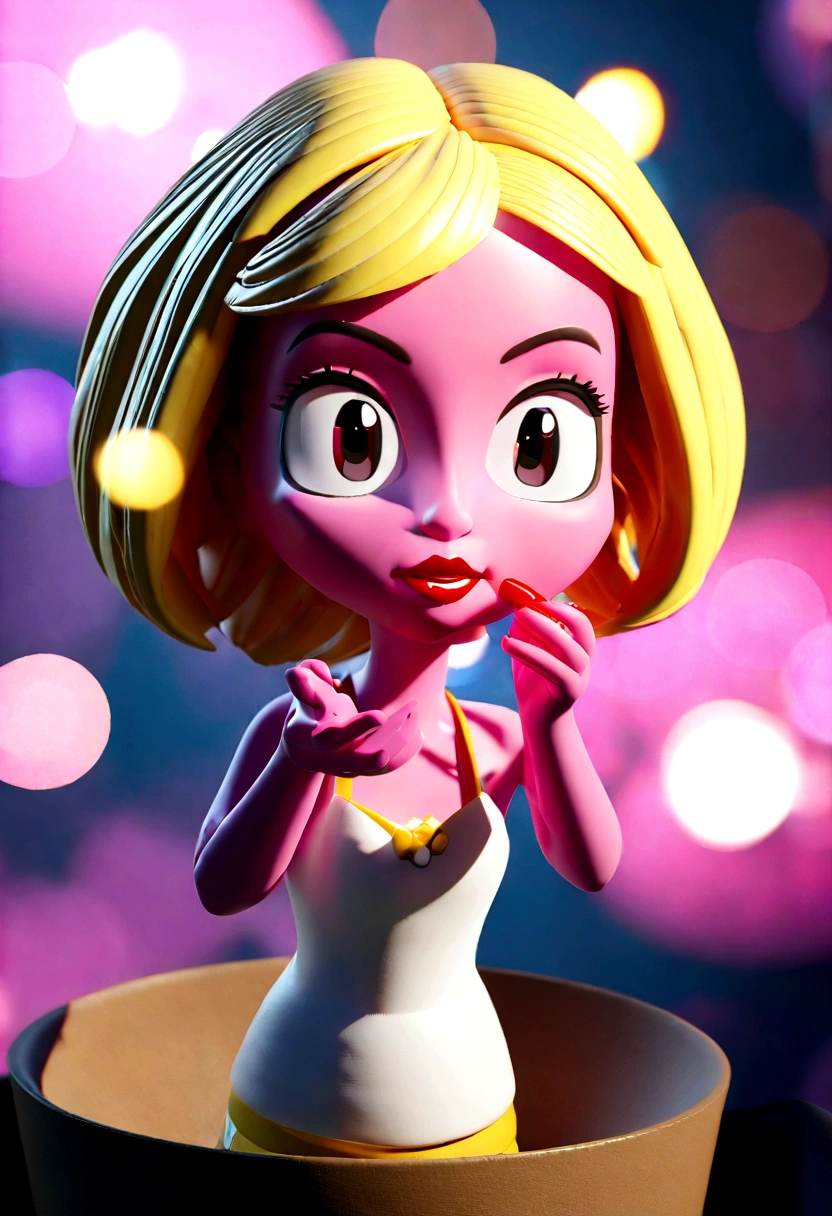Woman cartoon character with pink skin, big and beautiful mouth, applying red lipstick, holding shopping bags written "Dr Flávia Jucá", animation character, stylized character, animation style rendering, 3d stylized, Arnold Maya rendering, Stylized 3D rendering, toon render screenshot, 3d character, 3d character, Stylized 3D rendering, 3D character rendering, cartoon character, Personagem de close up, character posing, (Pixar-style) (master part:1.2) (bokeh) (best qualityer) (skin detailed) (detailed texture) (8K) (Argilla) (cinematic lighting) (sharp focus