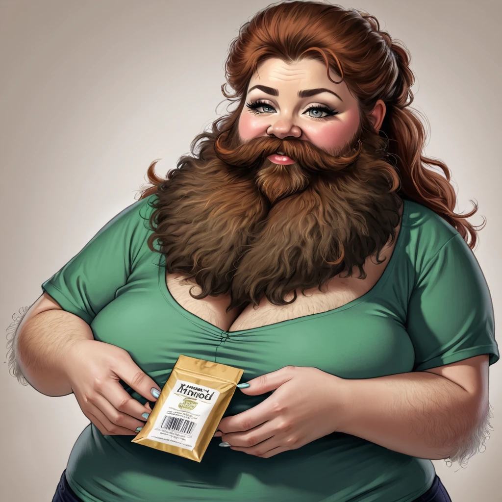 extremely bearded shaggy and hairy woman, hold a packet of minoxidil kirkland in her hands