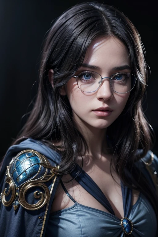 a sexy hair blueed girl, beautiful detailed eyes, beautiful detailed lips, extremely detailed face and portrait, hair blue, nerd glasses, magic, wand, spell, fancy, dark mystical background, dramatic lighting, cinematic, hyper detailled, 8K, photorrealistic,corpo sexy, long magic cloak , showing off your sexy legs INFO