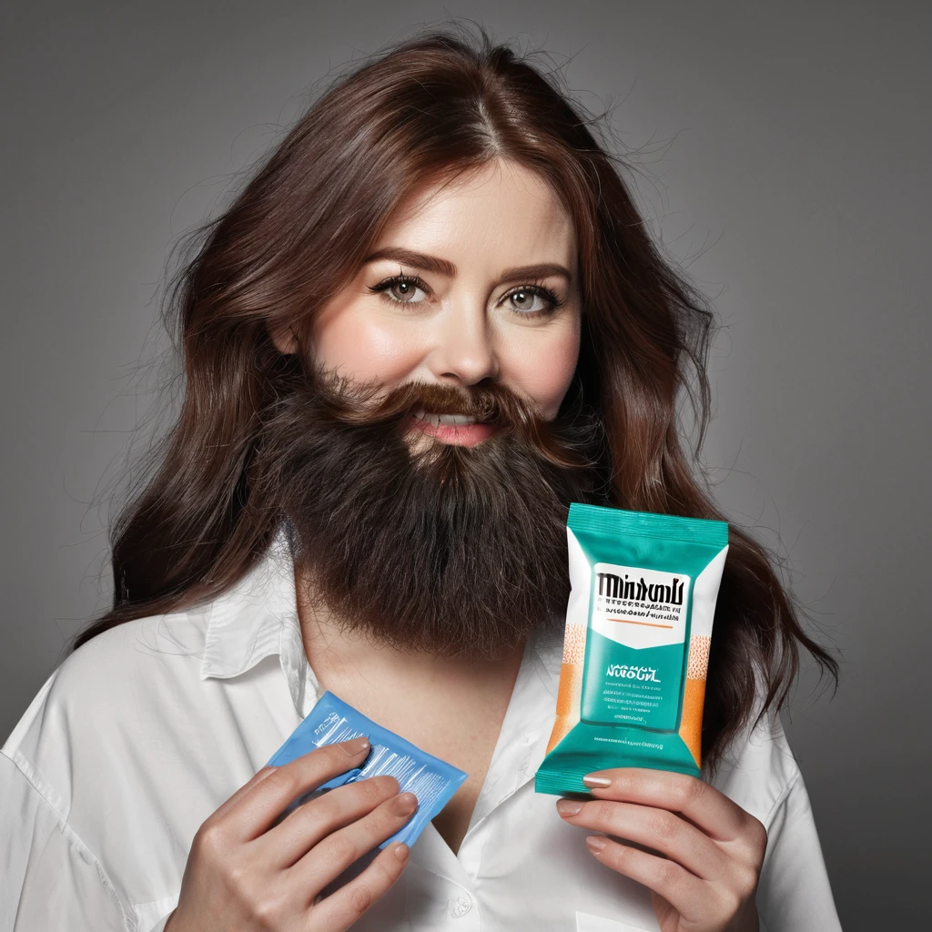 extremely bearded shaggy and hairy woman, hold a packet of minoxidil kirkland in her hands