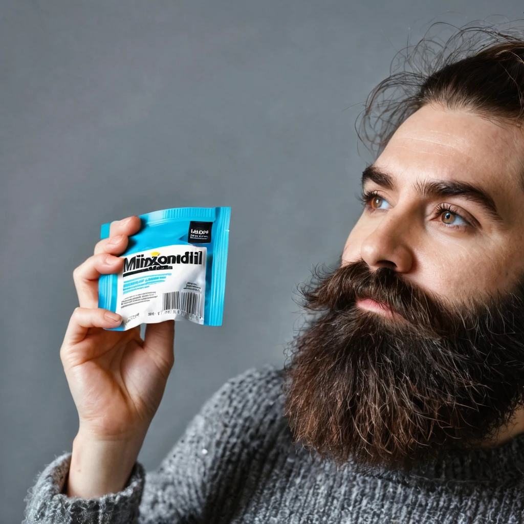 extremely bearded shaggy and hairy woman, hold a packet of minoxidil kirkland in her hands