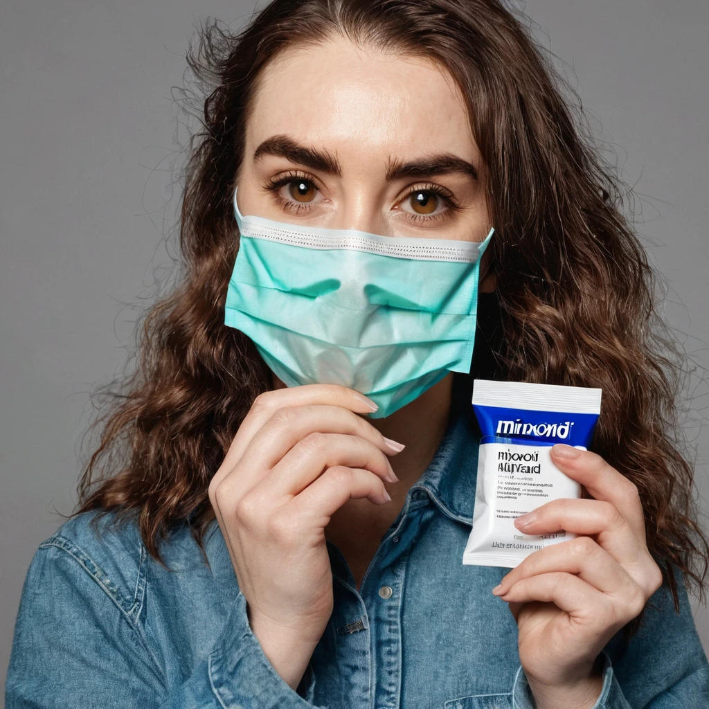 extremely bearded shaggy and hairy woman, hold a packet of minoxidil kirkland in her hands