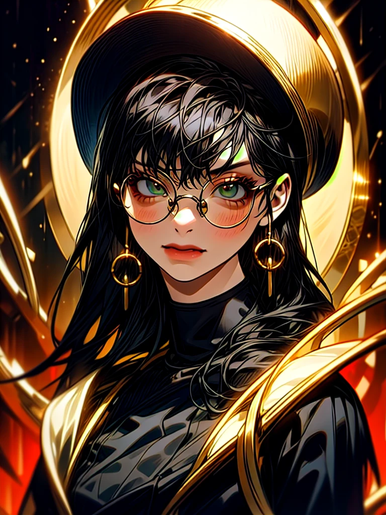 a young woman with long black hair, green eyes, round glasses, black hat with golden detail, gold hoop earrings, detailed facial features, elegant, portrait, cinematic lighting, dramatic colors, highly detailed, 4k, photorealistic, digital painting