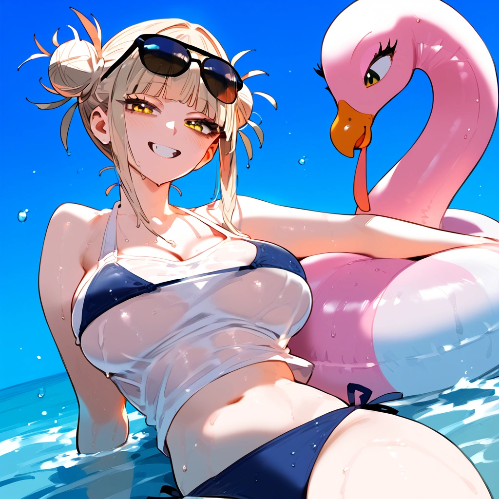 anime artwork, score_9, score_8_up, score_7_up, score_6_up, score_5_up, score_4_up, floox style //////Himiko toga, big breasts, she is 24 years old, style_3, , wearing only shirt, wet shirt, tank top, , naked, sunglasses, yellow eyes, solo, bikini under clothes, smile, in water, inflatable_flamingo