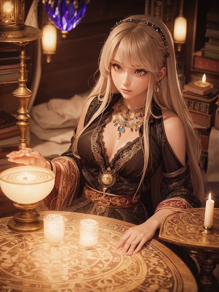 A mystical female fortune teller sitting at a round wooden table in a dimly lit room. The room is filled with arcane symbols, old books, and candles. She has long, flowing hair, and is wearing a bohemian-style dress with intricate patterns. In front of her, there is a crystal ball glowing with a soft light, tarot cards spread out, and various gemstones. The atmosphere is mysterious and enchanting, with a hint of magic in the air.