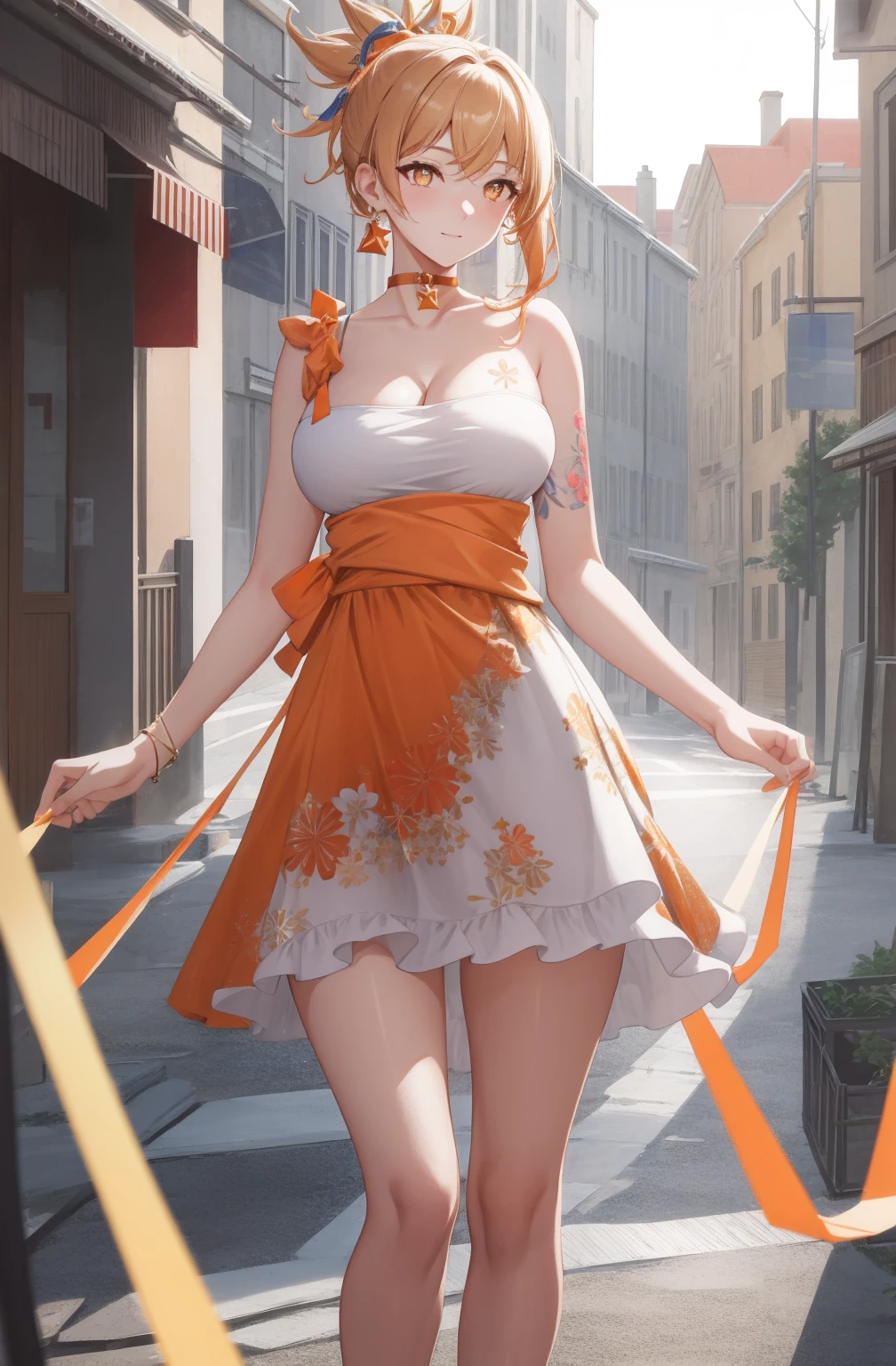 (day:1.7), standing in front of  a building in the background,
green dress with a yellow bow tie and earrings,
yoimiya, arm tattoo, choker, hair ornament, light brown hair, long hair, (orange eyes:1.5), red choker, sidelocks,
1 girl,young female,Beautiful Finger,Beautiful legs,Beautiful body,Beautiful Nose,Beautiful character design, perfect eyes, perfect face,
looking at viewer, (innocent_big_eyes:1.0),(expressionless:1.3),seductive pose.teasing smile, 
NSFW,official art,extremely detailed CG unity 8k wallpaper, perfect lighting,Colorful, Bright_Front_face_Lighting,
(masterpiece:1.0),(best_quality:1.0), ultra high res,4K,ultra-detailed,
photography, 8K, HDR, highres, absurdres:1.2, Kodak portra 400, film grain, blurry background, bokeh:1.2, lens flare, (vibrant_color:1.2)
(Beautiful,big_Breasts), (beautiful_face:1.5),(narrow_waist),(perfect anatomy,perfect fingers),