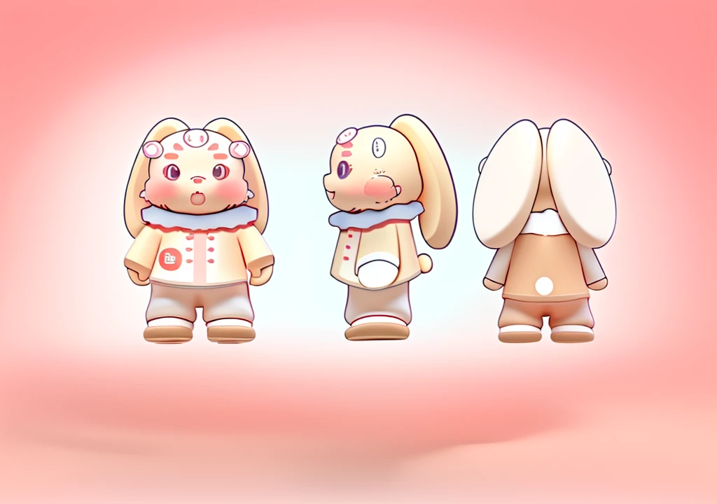 一只cute的兔子，Wearing clothes similar to those of Little Chef，personification，cute，Three View，Respectively, the positive side，side，back，3D Model，Limb coordination