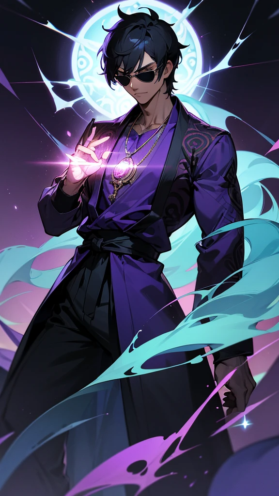 A tall, muscular man with short, black hair and purple shade sunglasses stands confidently. He is wearing a stylish, dark jacket with intricate purple patterns over a light blue shirt. He has a serious expression and a necklace with a pendant. Behind him is a traditional japanese torii gate on purple flames, giving off an aura of dark power. The background is a mix of mystical and futuristic elements, with glowing symbols and advanced technology intertwined, high detailed, 8K, masterpiece.