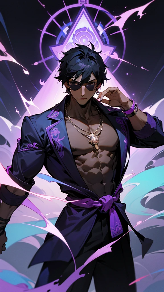 absurdres, highres, ultra detailed, HDR, master piece, best quality, Chrollo Lucilfer, black hair, expressive brown eyes, cross tattoo on the forehead, Hunter x Hunter, black leather coat, blue earrings, black gloves, solo, sexy man, handsome, toned chest, water, purple butterflies, purple flowers, petals