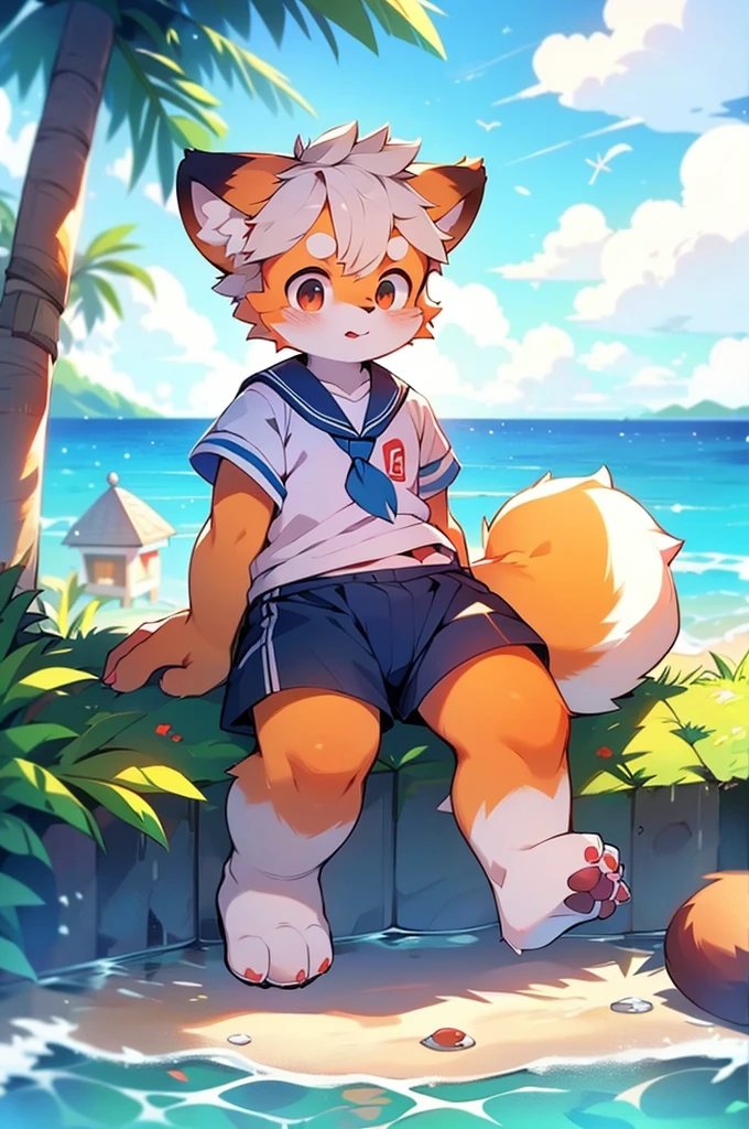 Male Red Panda,Ocean,Appearing in a sailor uniform!One person estrus period,sit,