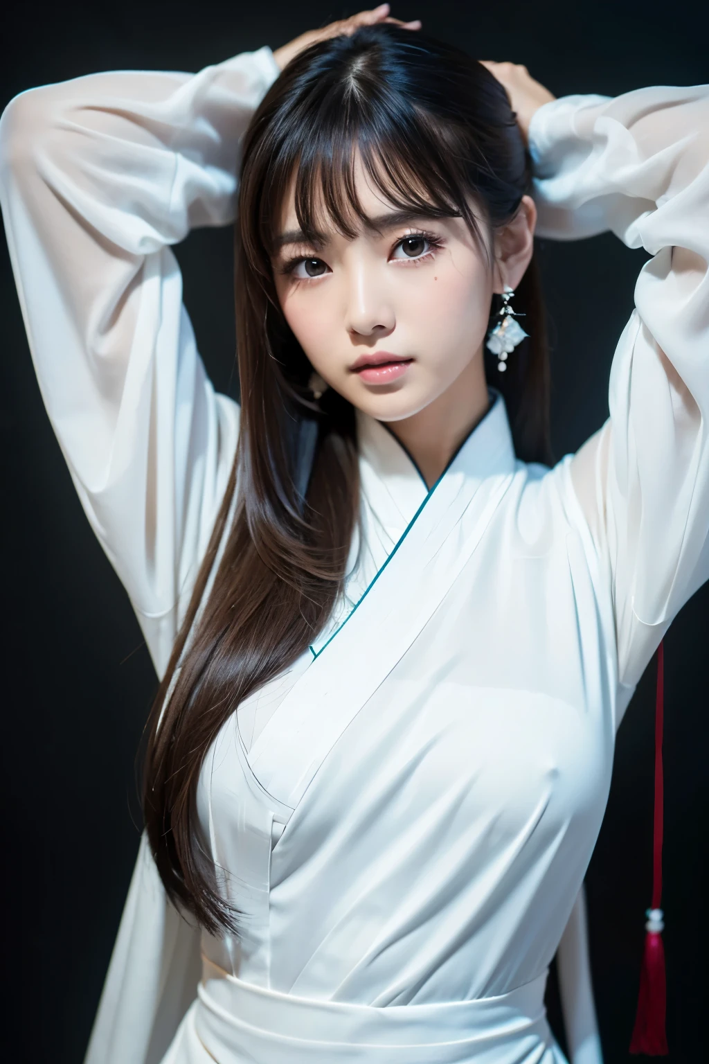 (NSFW)、(masterpiece、Highest quality:1.4)、 (8K resolution、Ultra-high resolution:1.2)、Detailed depiction face、Eye for detailed depiction、Detailed skin、Detailed hair、Glowing Skin、One girl,Detail and beauty that cannot be captured in reality:1.3、 Elegant and perfect figure、18-year-old、Beautiful Bangs、Highly detailed hair、Bright photography lighting,White wall background,Background Blur,Photo from the front of the woman、Facing forward、upright,Put your hands down,(whole body:1.3),,,,, (Break Sexy Hanfu:1.2)