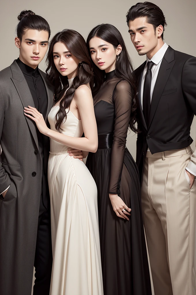 realistic couple, man taller than woman, 18 year old woman with autism and 25 year old man, couple looking elegant and wearing elegant clothes, woman with medium wavy dark brown hair, man with black topknot