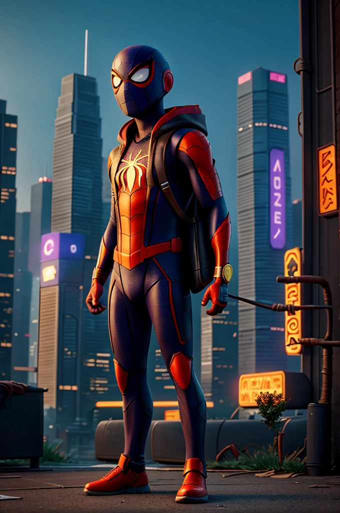 a photorealistic cyberpunk style sticker of spider-man in a futuristic mask, highly detailed facial features, dramatic lighting, neon cityscape background, realistic textures, intricate costume design, vibrant colors, cinematic composition