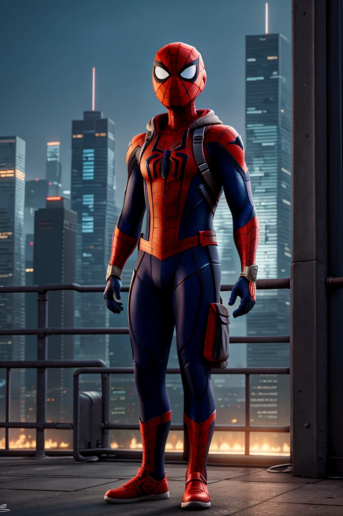 a photorealistic cyberpunk style sticker of spider-man in a futuristic mask, highly detailed facial features, dramatic lighting, neon cityscape background, realistic textures, intricate costume design, vibrant colors, cinematic composition