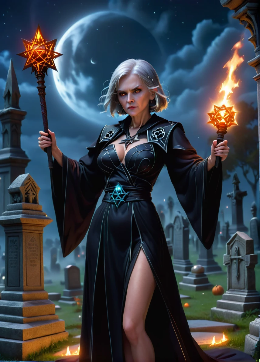 necromancer, (old slim female: 1.5), (gray hair: 1.1), (angry nasty look: 1.5), skinny, pentagram symbols and patterns, old graveyard at night, night cemetery , holding an magic staff, full shot, ((looking at viewer:1.2), (from side:0.8)), full black robe, athletic, volumetric lighting dynamic lighting, real shadows, vibrant contrasting colors, style of Stephen Hickman and Stan Manoukian, ultra realistic, masterpiece, high quality, highres, sharp focus, intricate, sharp details, highly detailed, rich color, 8K,
