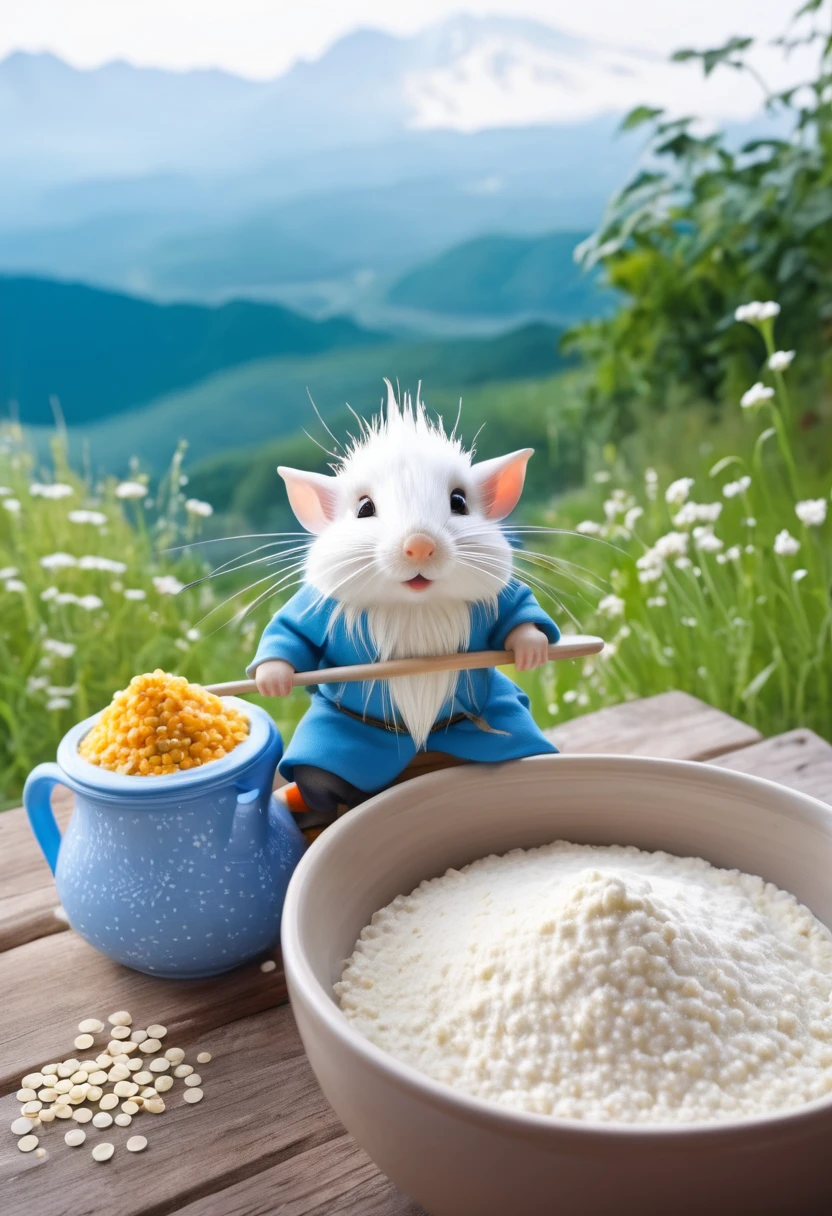 Little gnome sits on a pot of porridge, packet of flour, white rat, in the background there is a mountain of unwashed dishes, fairy tale, fantasy