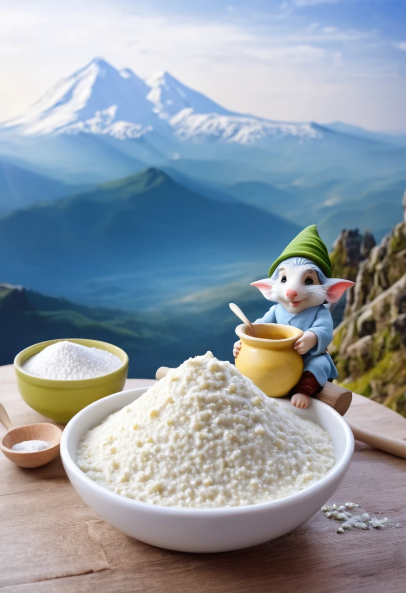 Little gnome sits on a pot of porridge, packet of flour, white rat, in the background there is a mountain of unwashed dishes, fairy tale, fantasy