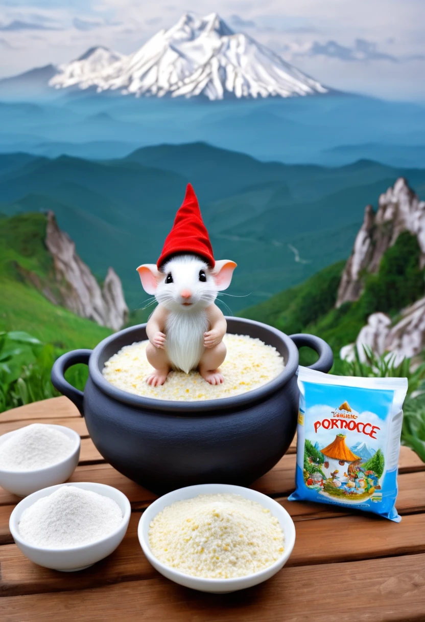 Little gnome sits on a pot of porridge, packet of flour, white rat, in the background there is a mountain of unwashed dishes, fairy tale, fantasy