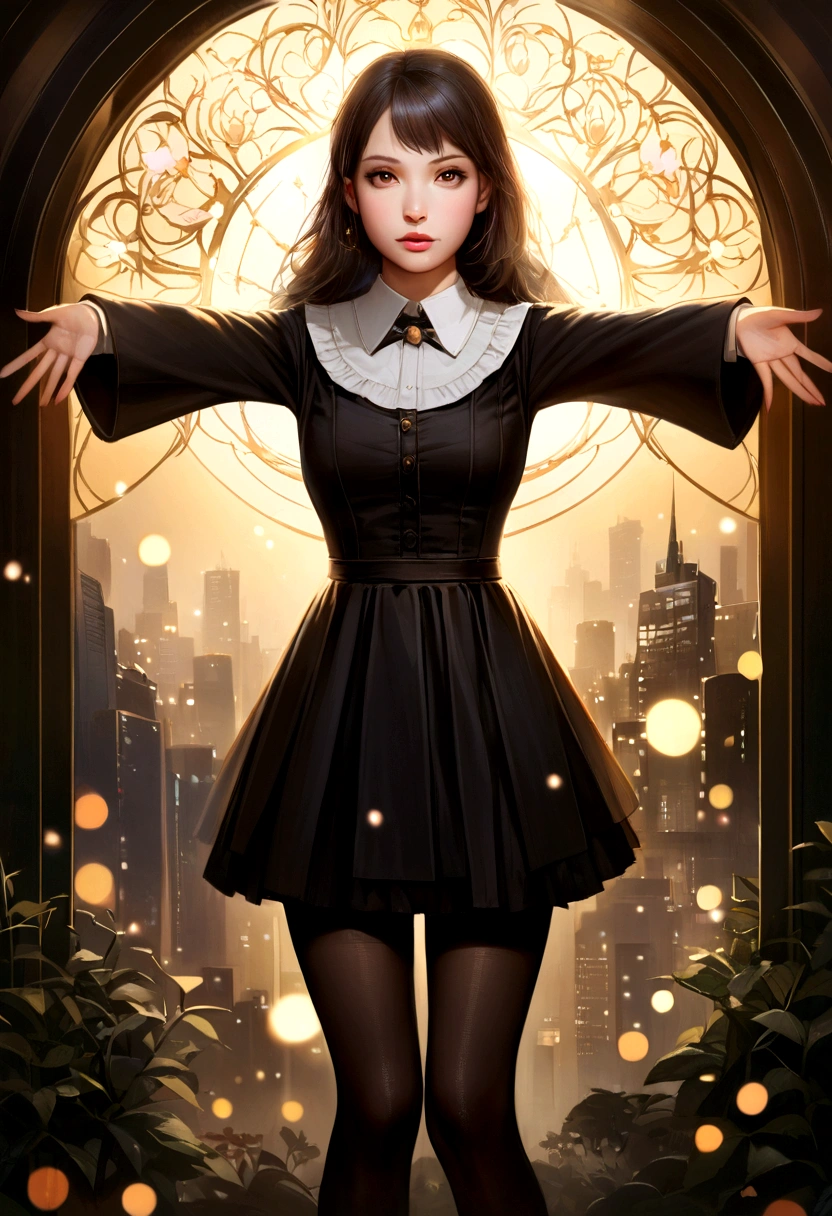 One girl, (View your viewers), (Bokeh:1.1), Part your lips,Expressionless, Realistic, Raise your arms, tights,
skirt, Skyline,
Realistic,