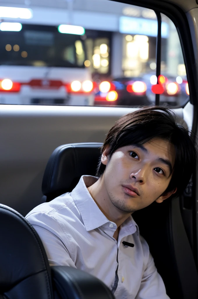 (Time is night:1.2)、(A 30-year-old Japanese male office worker、A dull face:1.1)、Sitting alone in the back seat of a car、Has a surprised look on his face