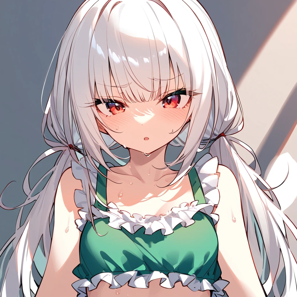 cute　Green bra　Frills　Twin tails　Tank top　White Hair　Red Eyes　A regretful look　Sweat