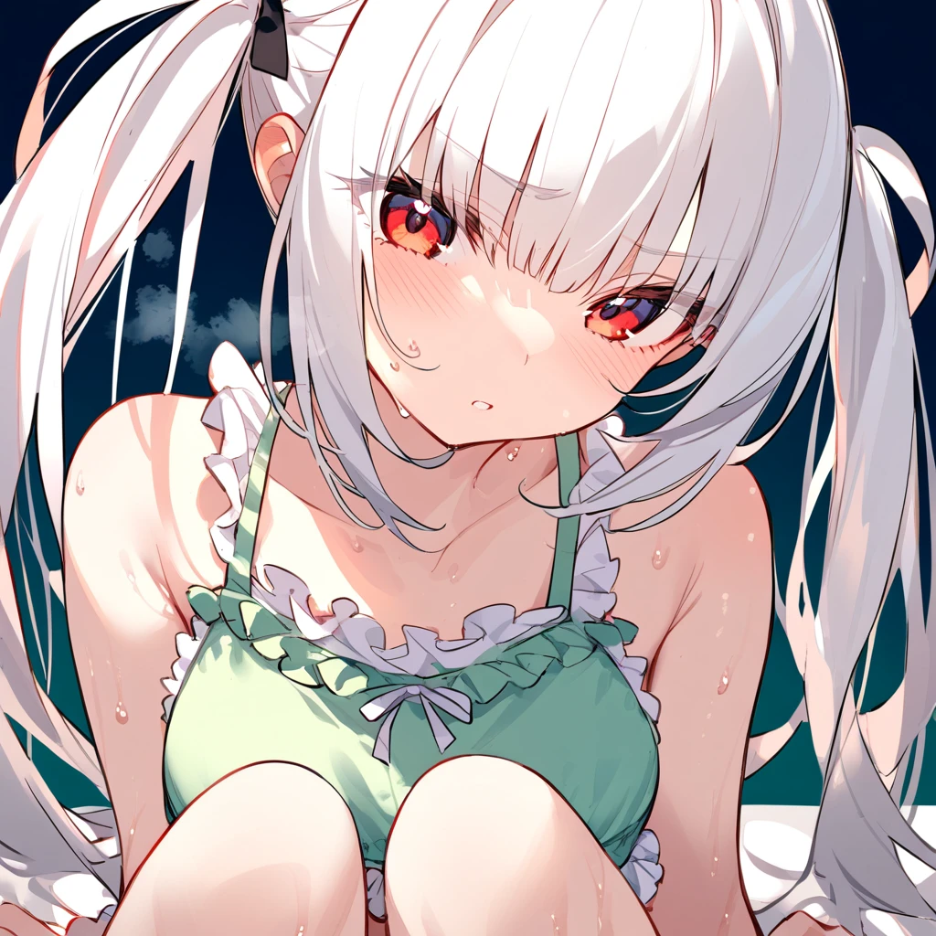 cute　Green bra　Frills　Twin tails　Tank top　White Hair　Red Eyes　A regretful look　Sweat