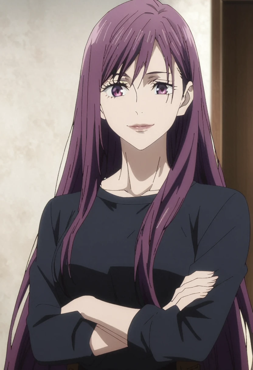 1girl, anime screencap from jujutsu kaisen, solo, very long_hair, ((smooth texture hair)) purple eyes, ((length_hair, purple_hair, very_length_hair, purple_eye)), breasts, upper_body, smile, indoors, book, red_eyes, lips, (( length_hair, purple_hair, very_length_hair, purple_eye)) wearing black color sweater, breast, "very detailed and high resolution" (purple eyes) ((cross arms))  ((smooth texture hair)) ((solo)) ((high resolution)) (Good quality) 