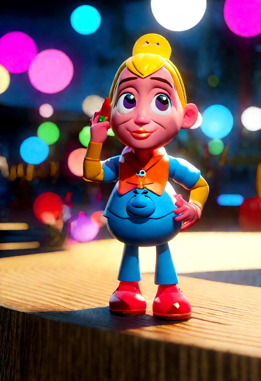 Woman cartoon character with pink skin, big and beautiful lips, applying red lipstick, bright blonde hair, holding shopping bags with "Wear. Flavia Juca" on it, animation character, fully body, stylized character, animation style rendering, 3d stylized, Arnold Maya rendering, Stylized 3D rendering, toon render screenshot, 3d character, 3d character, Stylized 3D rendering, 3D character rendering, cartoon character, Personagem de close up, character posing, (Pixar-style) (master part:1.2) (bokeh) (best qualityer) (skin detailed) (detailed texture) (8K) (cinematic lighting) (sharp focus